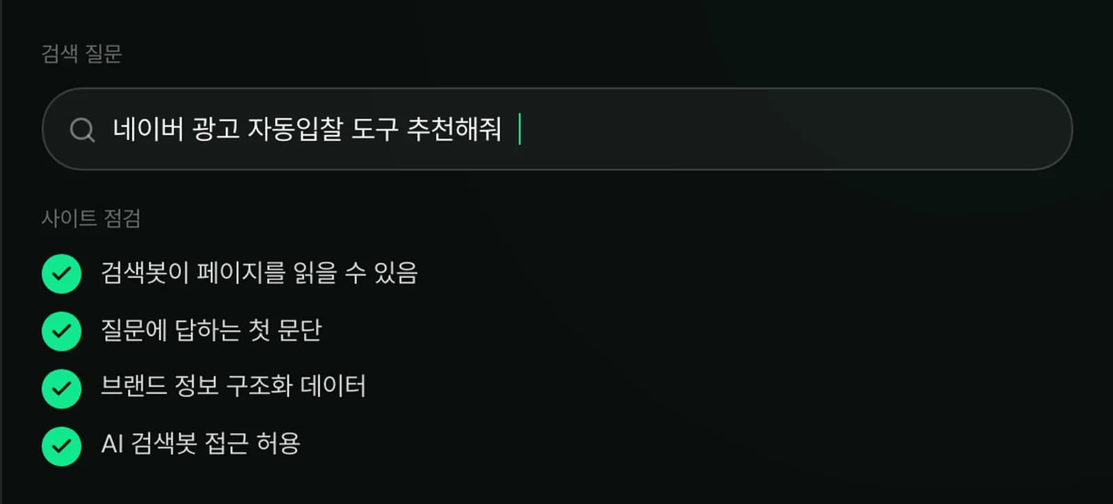 SEO·AEO·GEO 점검 화면 — 검색 질문과 사이트 점검 항목